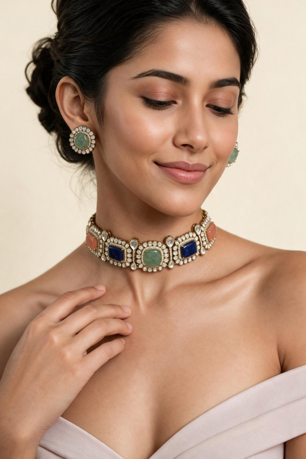 Multicolour Semi-Precious Stone Kundan Choker Set