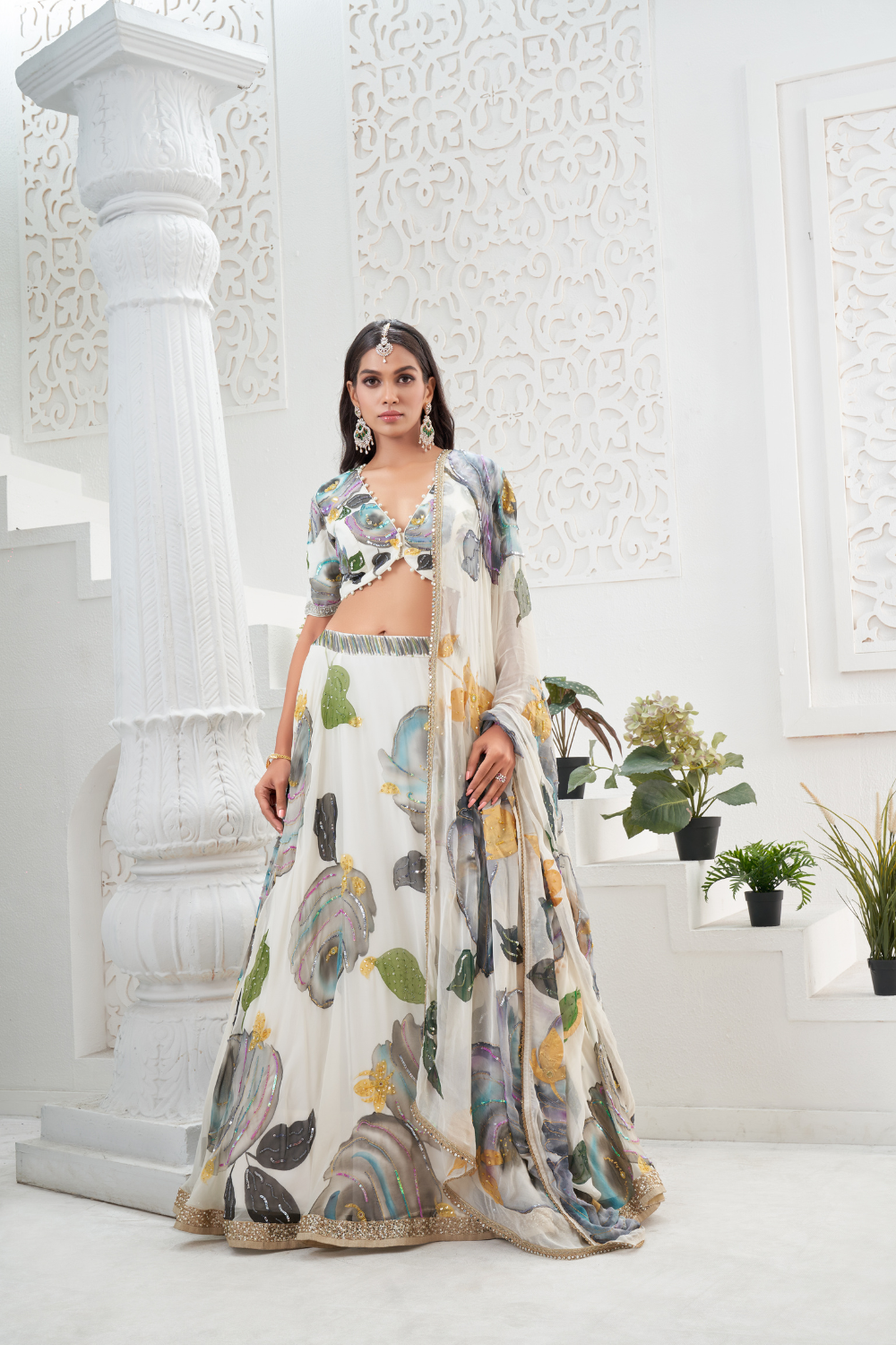 Ivory hand painted lehenga set