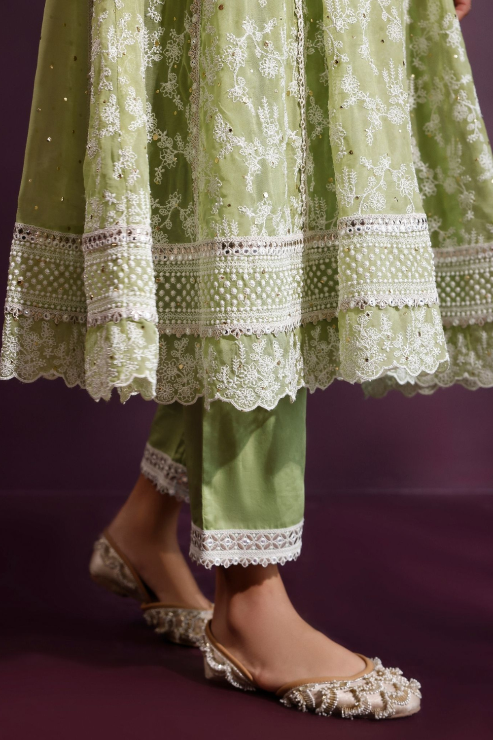 Rupa Organza Pista Green Anarkali Kurta with Pima Satin Pista Green Pant Set