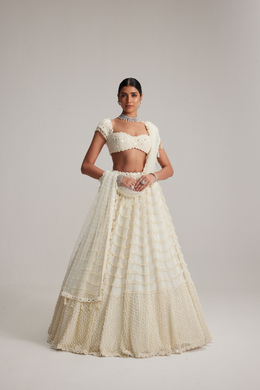 Off White Mirror and Pearl Drop Bridal lehenga set