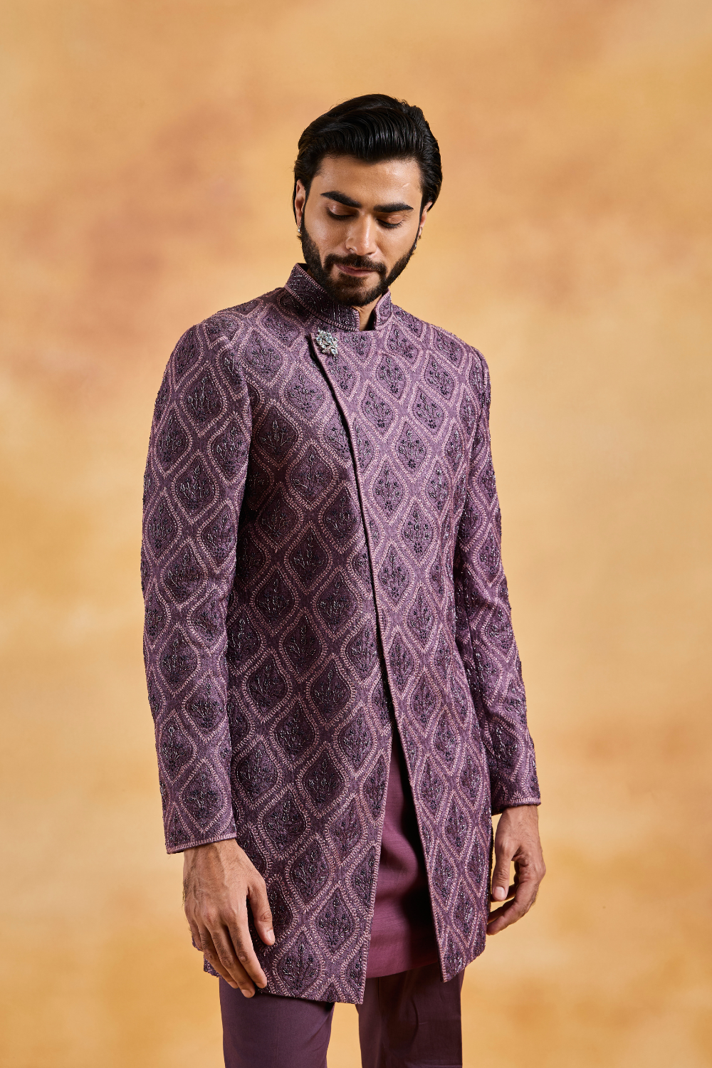 Wine Sherwani Kurta Trouser Set