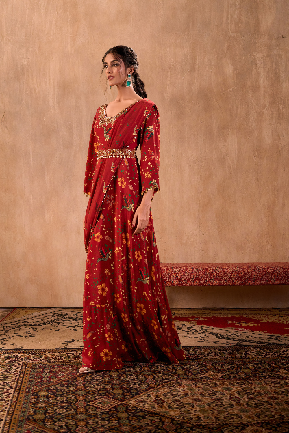 RED PRINT EMBROIDERED ANARKALI WITH DRAPE AND BELT SET