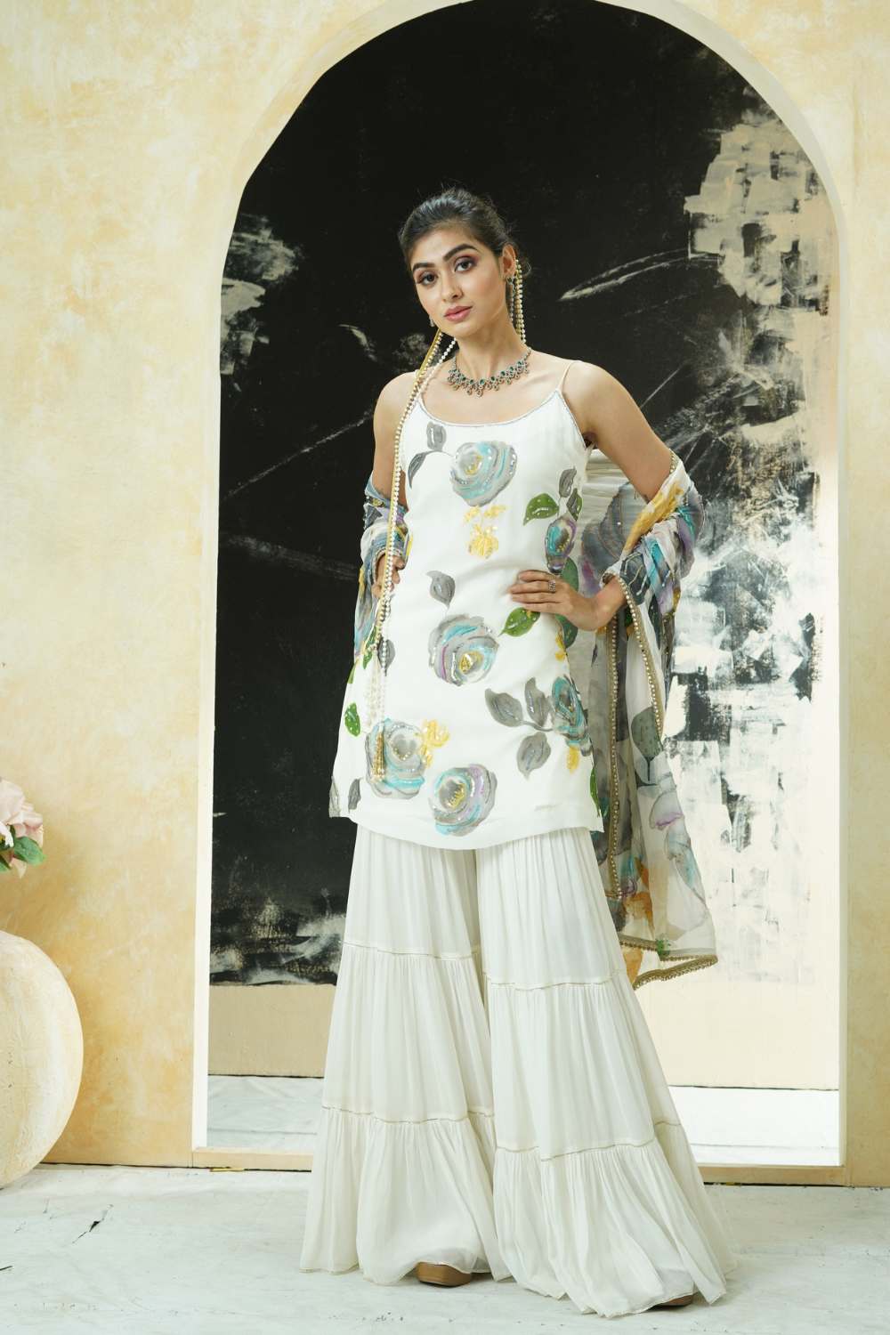 Ivory hand painted slip kurta and sharara set