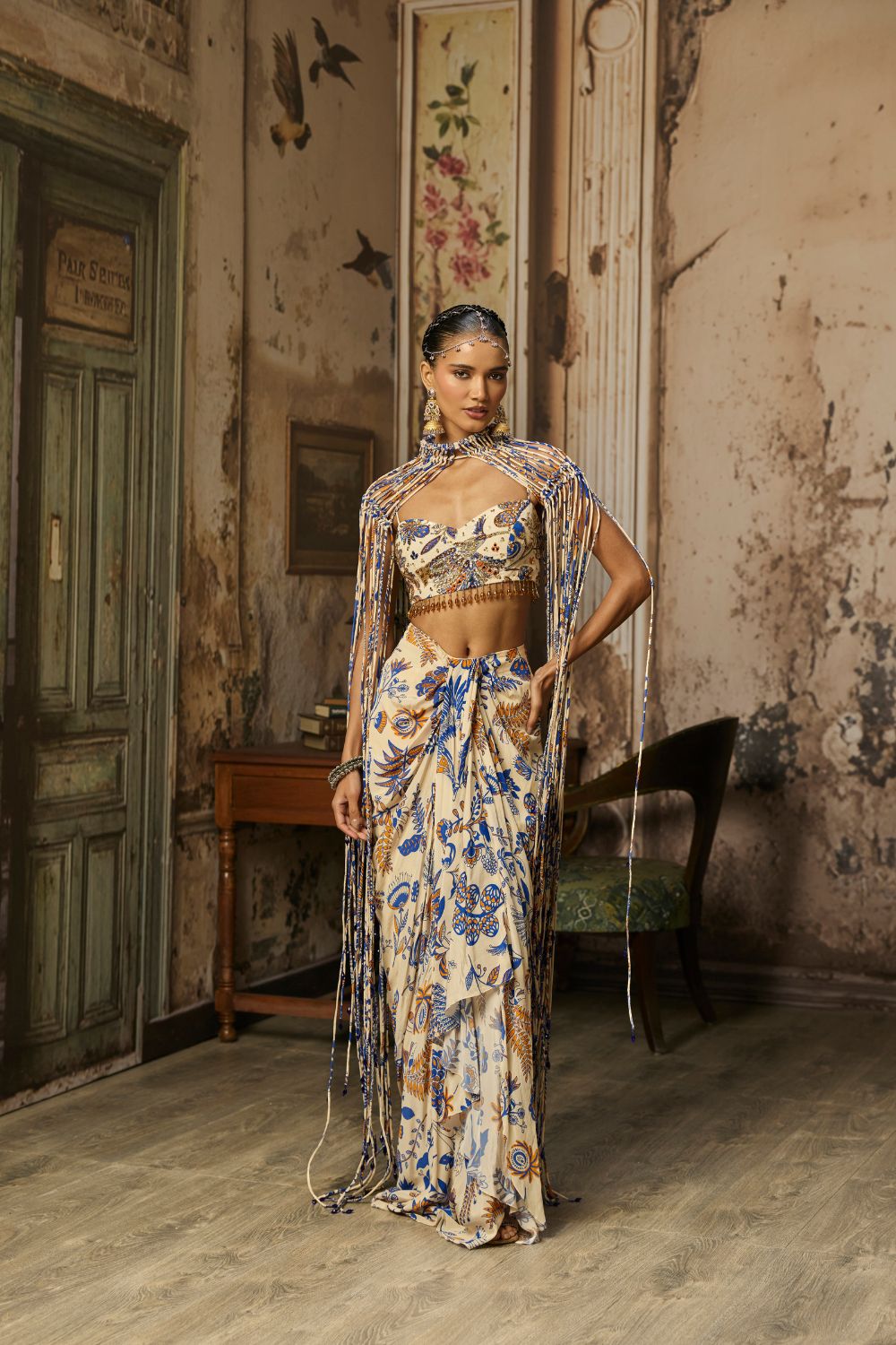 IVORY PRINTED AND HIGHLIGHTED BLOUSE WITH FRINGE JACKET & SKIRT SET