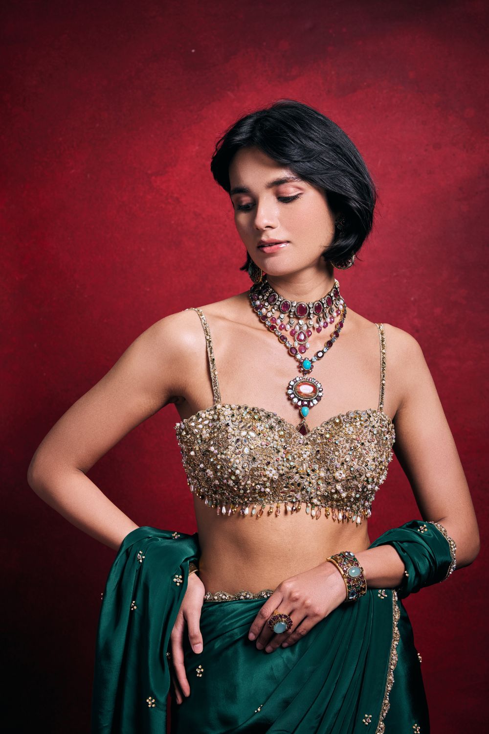 EMERALD GREEN CREPE SAREE SET