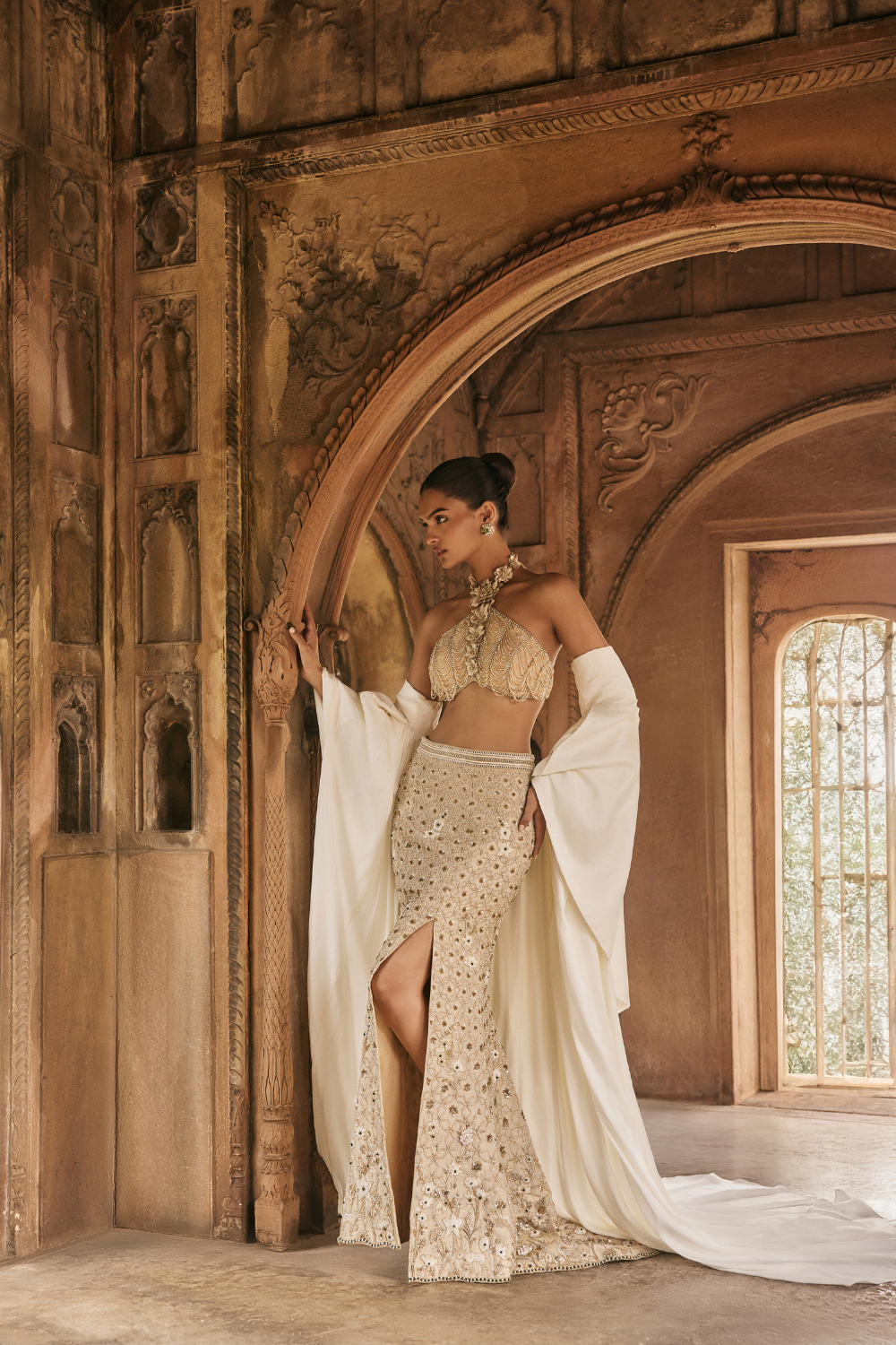Gold, resham embroidery, tissue, gown