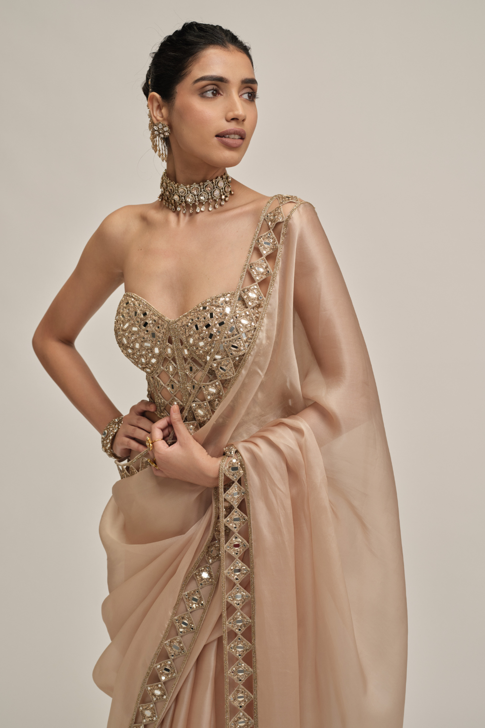 Light Beige Cutwork Border Saree with Corset Set