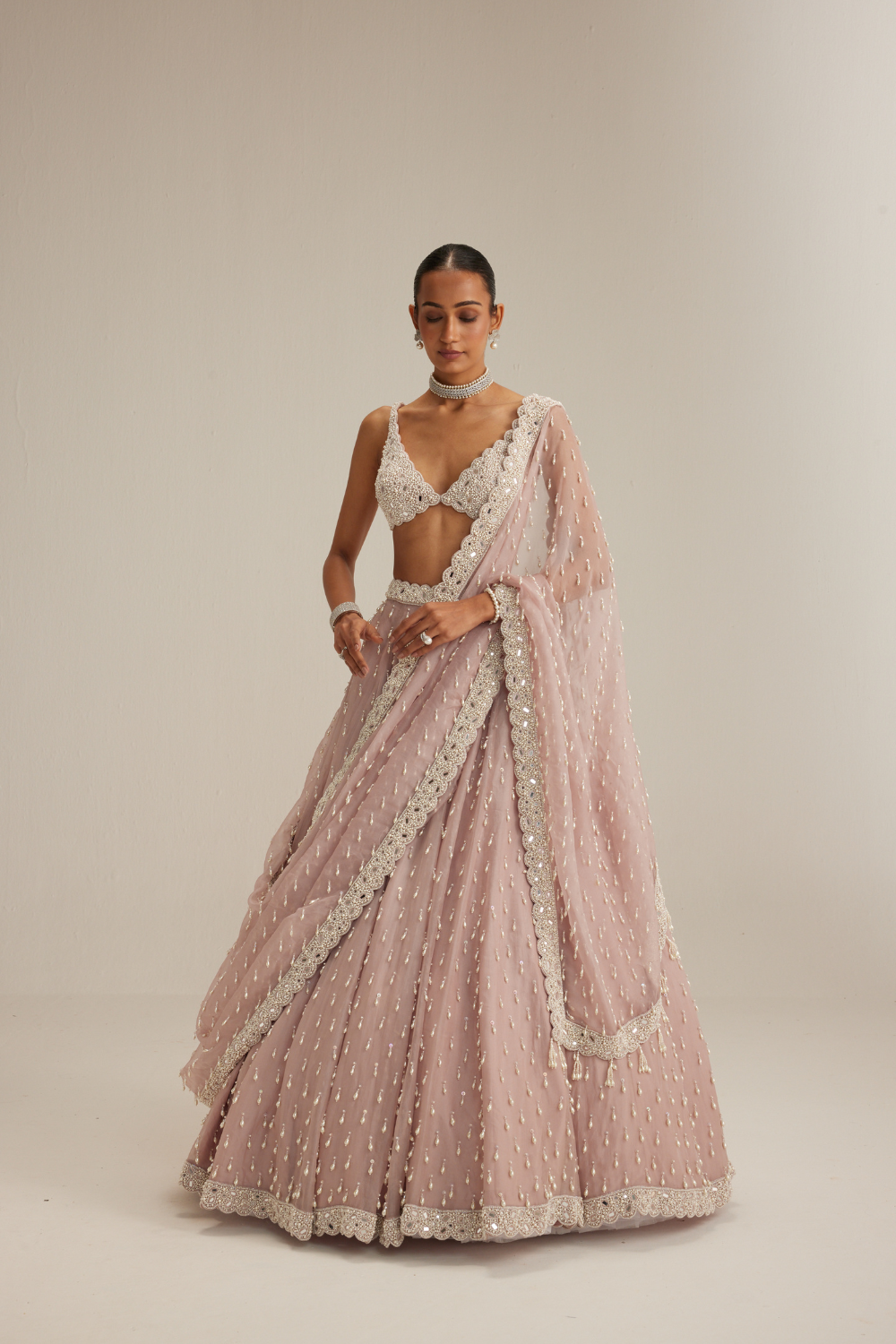 Ash Pink Pearl Drop Organza Lehenga Set