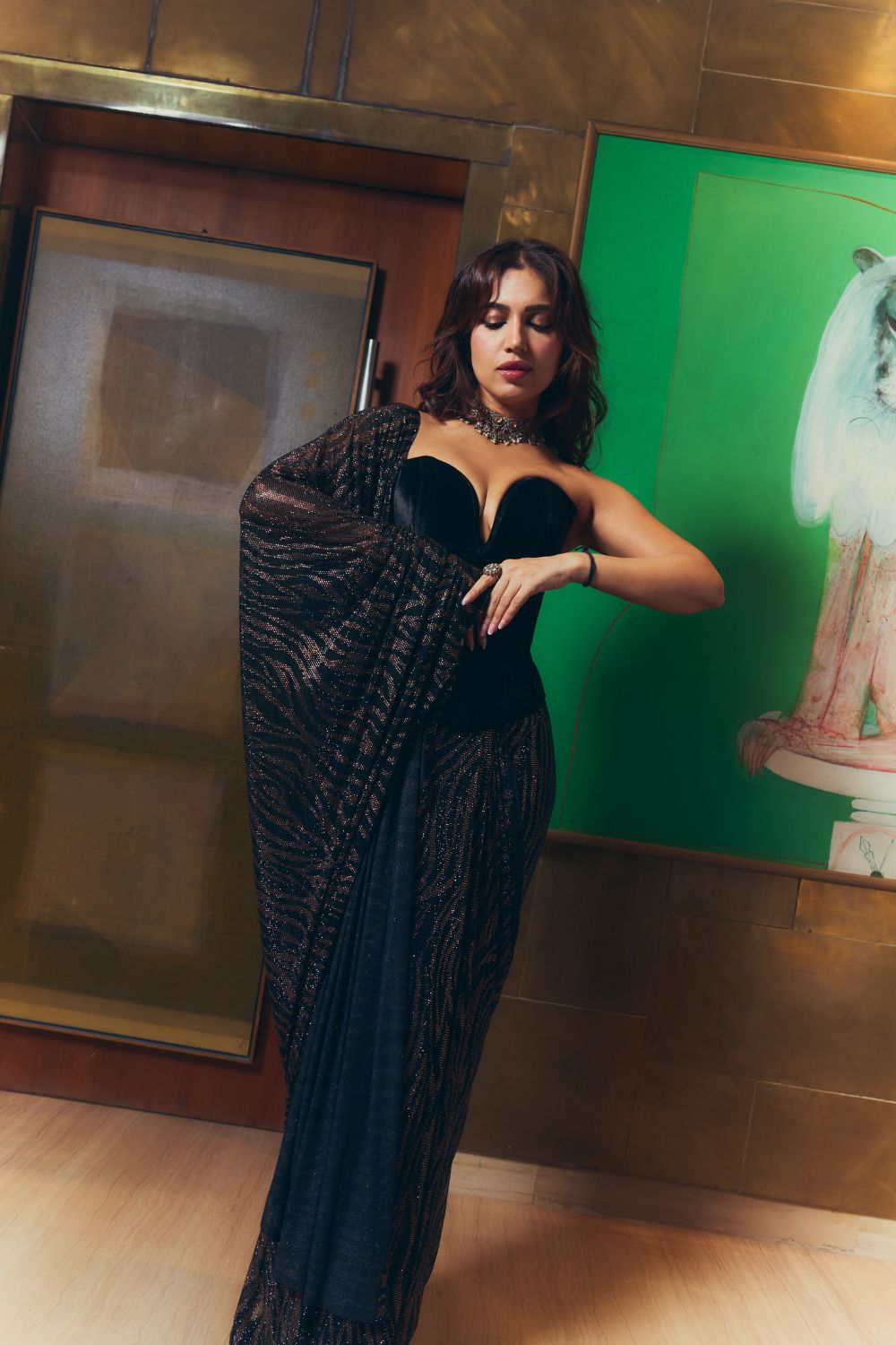 Bhumi Pednekar in Midnight Frost Drape Set Set-B