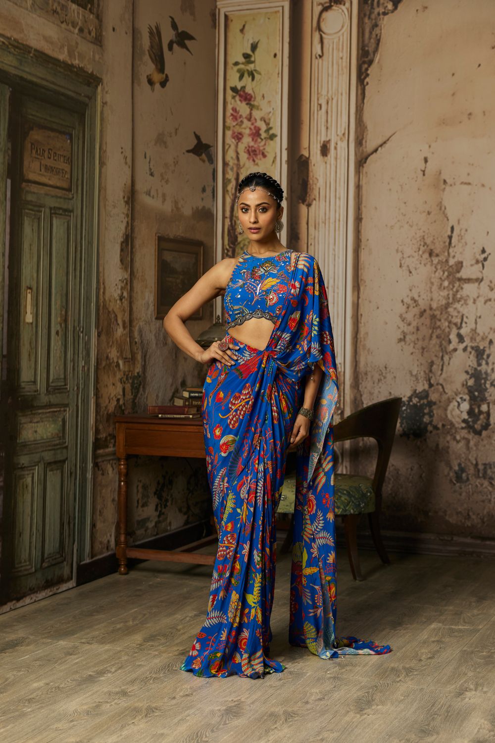 ELECTRIC BLUE PRINTED AND HIGHLIGHTED DHOTI SKIRT SAREE SET