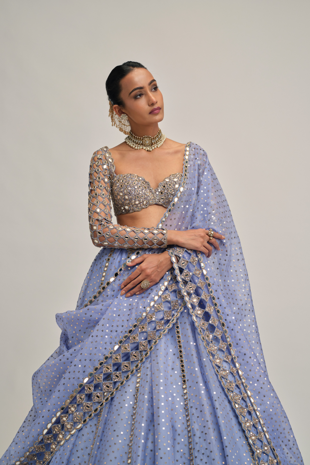 Dew Blue Cutwork Sleeve Lehenga Set