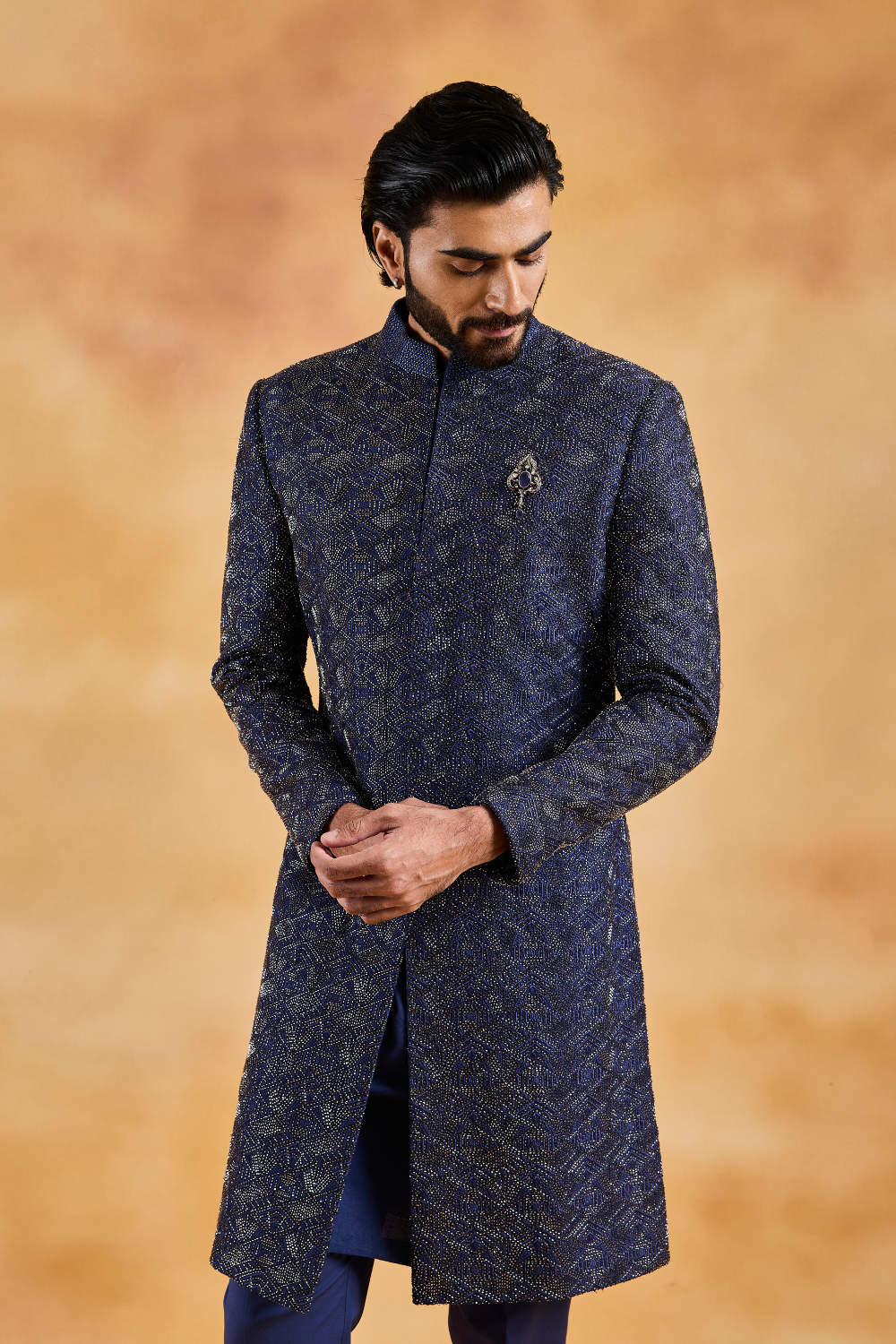 Navy Blue Sherwani Kurta Trouser Set