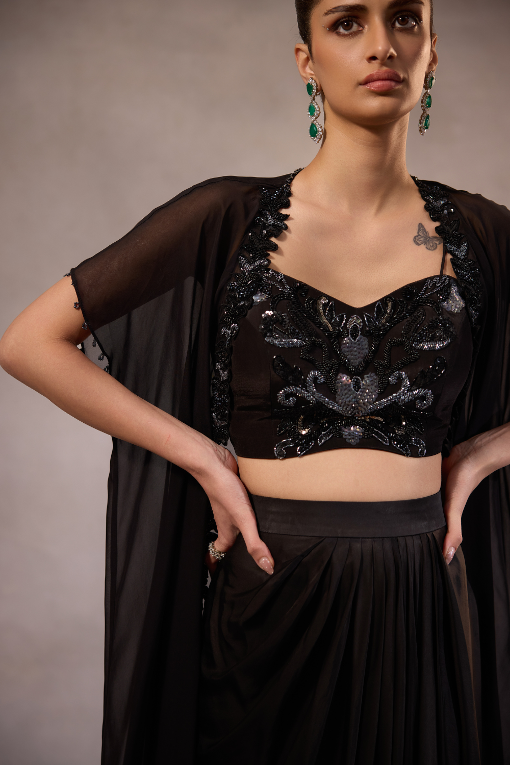 Black Embroidered Cape Set of 3