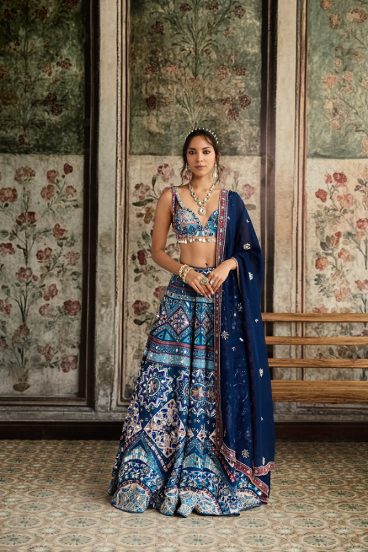 TEAL PRINT AND AND HIGHLIGHTED LEHENGA SET