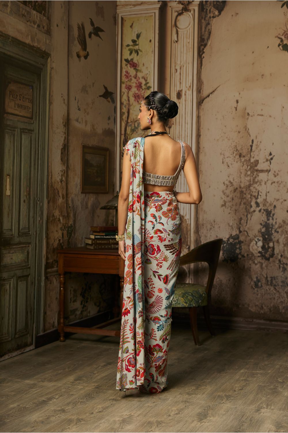 SLATE GREY EMBROIDERED BLOUSE AND PRINTED LEHENGA SET