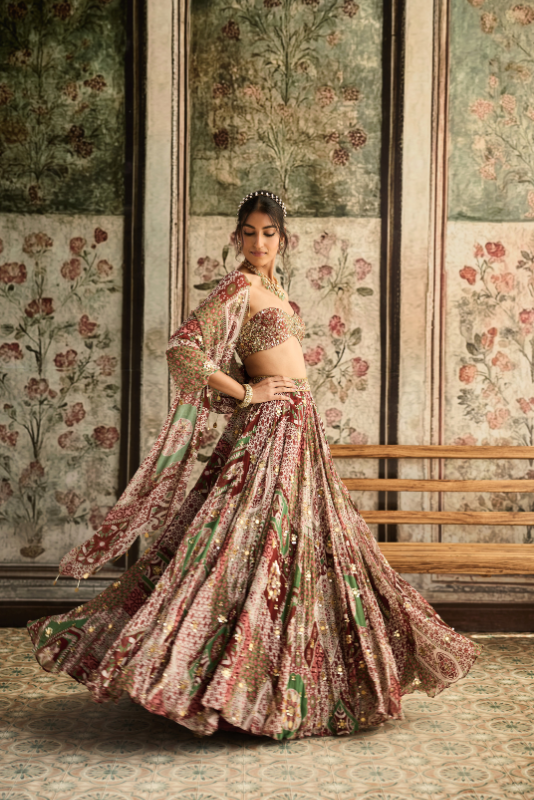 SAGE-MAROON PRINT AND HIGHLIGHTED  STRAPLESS BLOUSE WITH LEHENGA SET