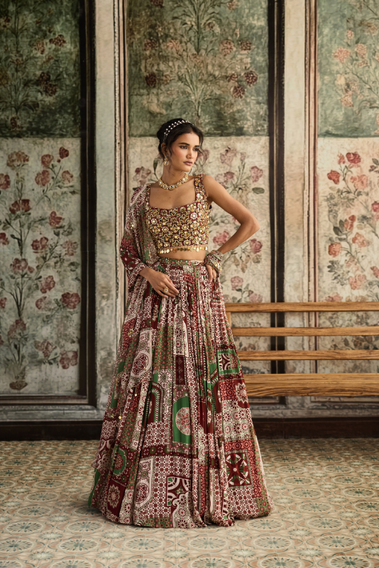 SAGE-MAROON PRINT AND HIGHLIGHTED SQUARE NECK BLOUSE WITH LEHENGA SET