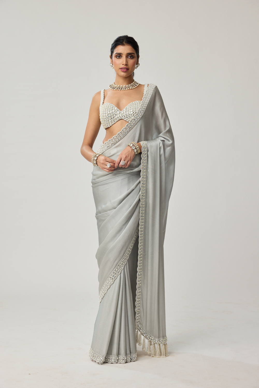 Powder Grey Chiffon Pearl and Mirror saree set