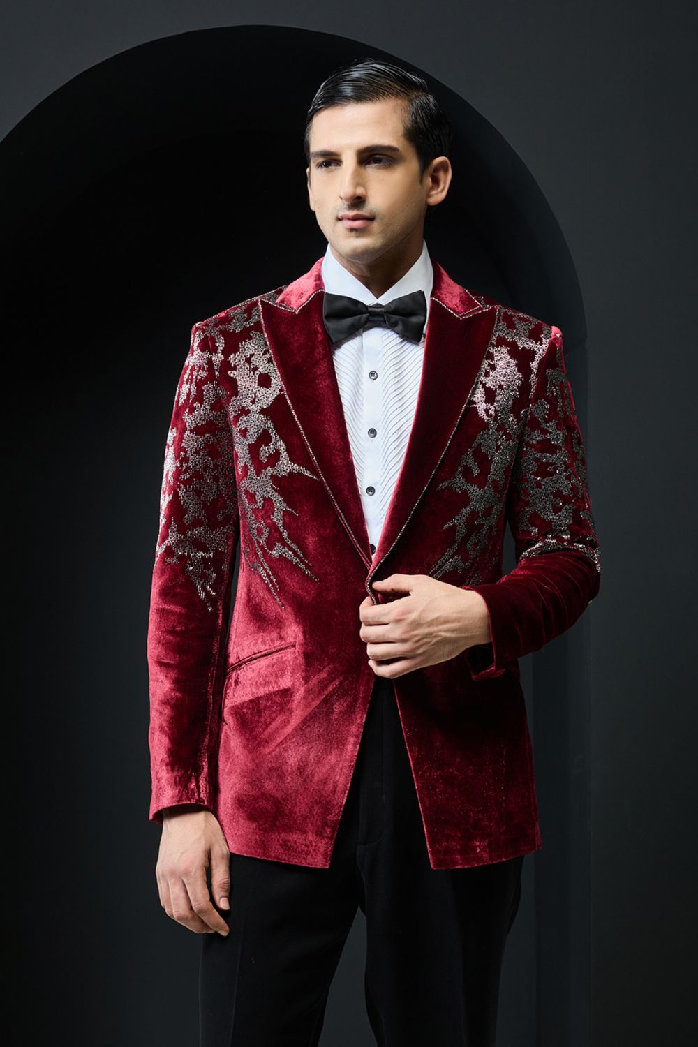 Wine tuxedo highlighted with cutdana