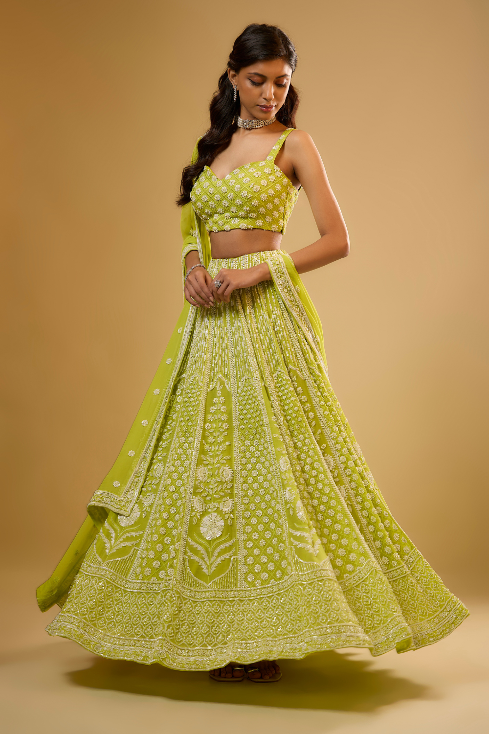 Citrus green georgette lehenga set with sequins & glass beads