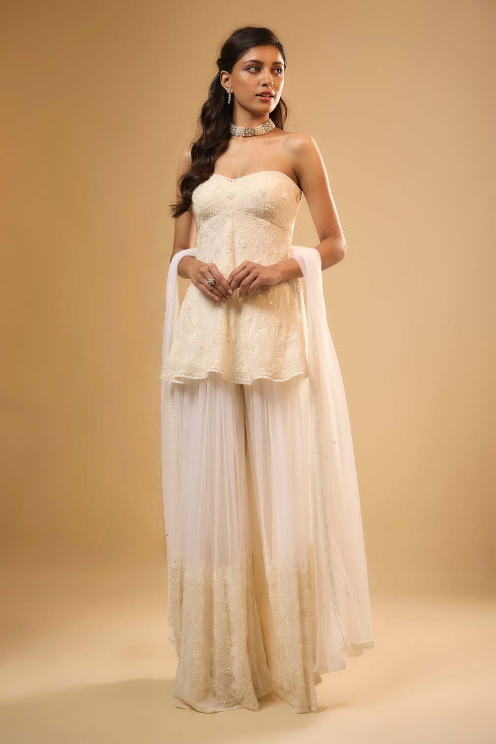 Vanilla White georgette kurta sharara set embroidered with sequins, glass beads & threadwork
