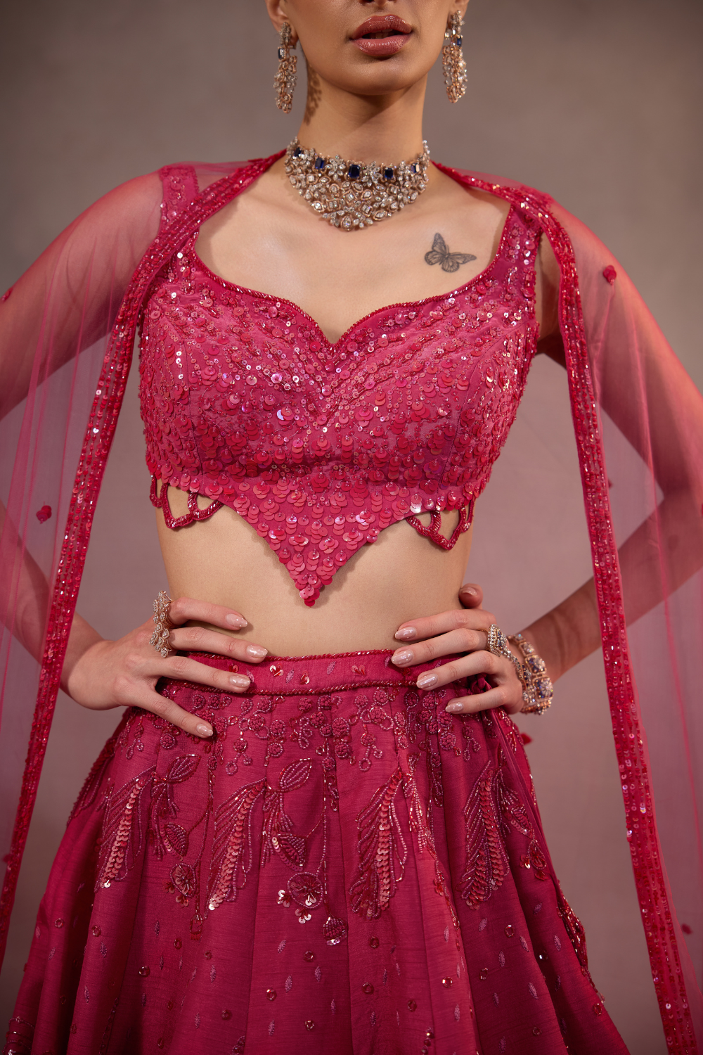 Cherry Pink Embroidered Lehenga Set of 3