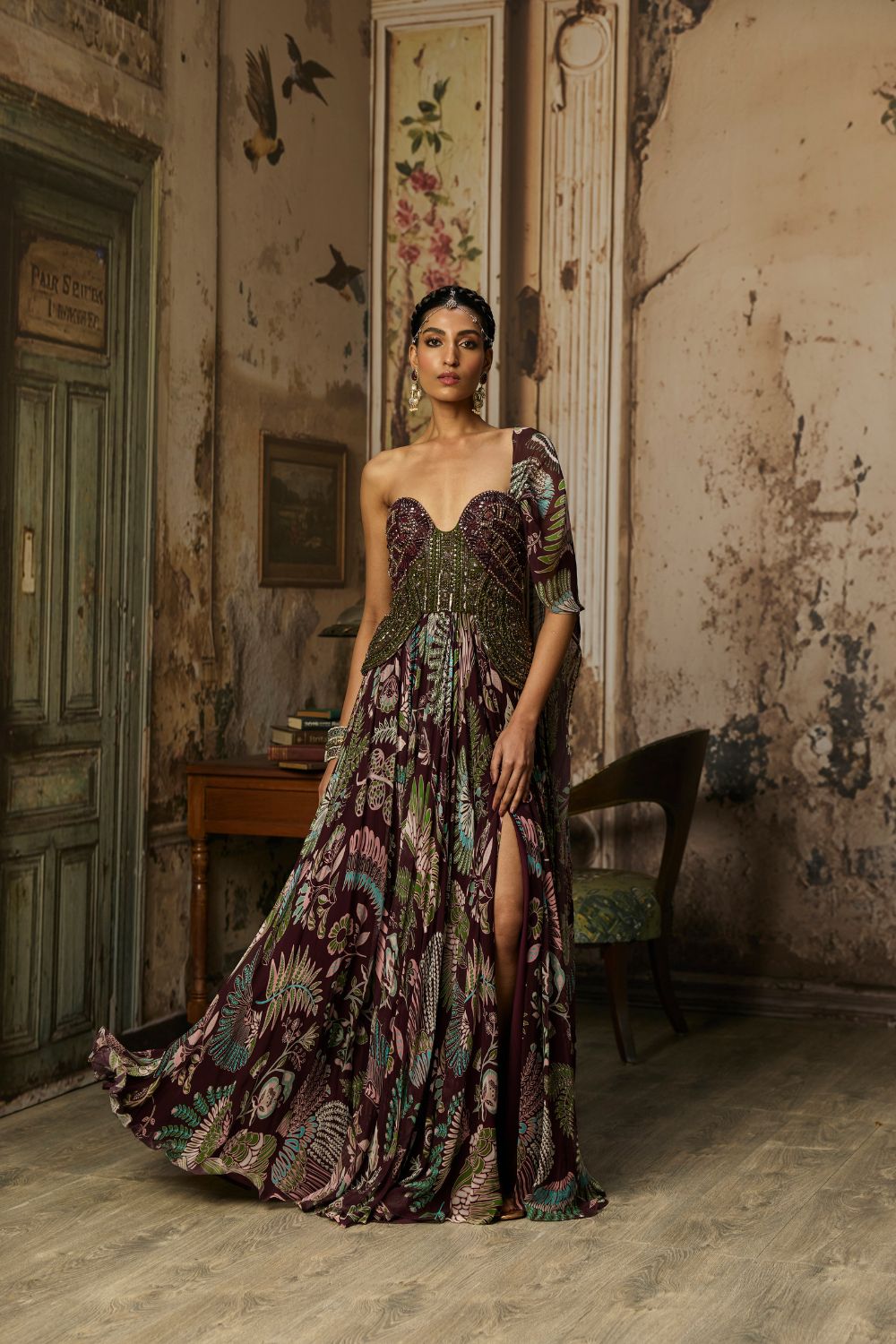 PLUM PRINTED AND EMBROIDERED DRAPE GOWN SAREE