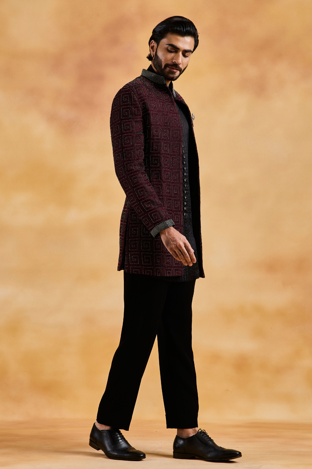 Black Velvet Open Jacket with Bundi and Trouser