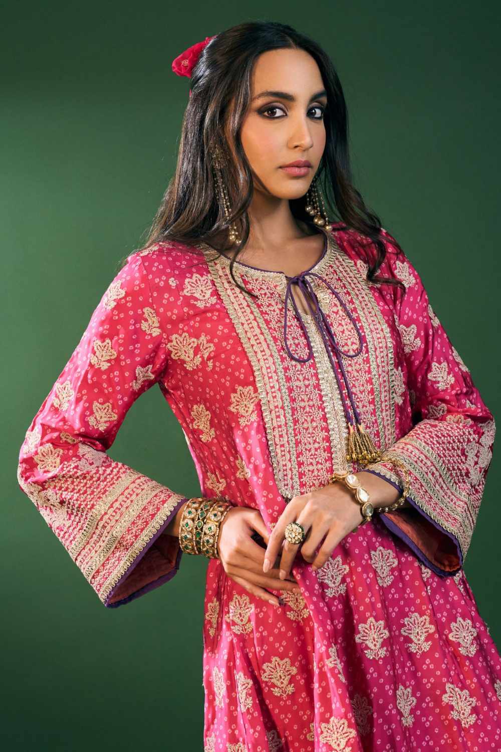 Arvini Cupro Satin Fuschia Anarkali Kurta Set