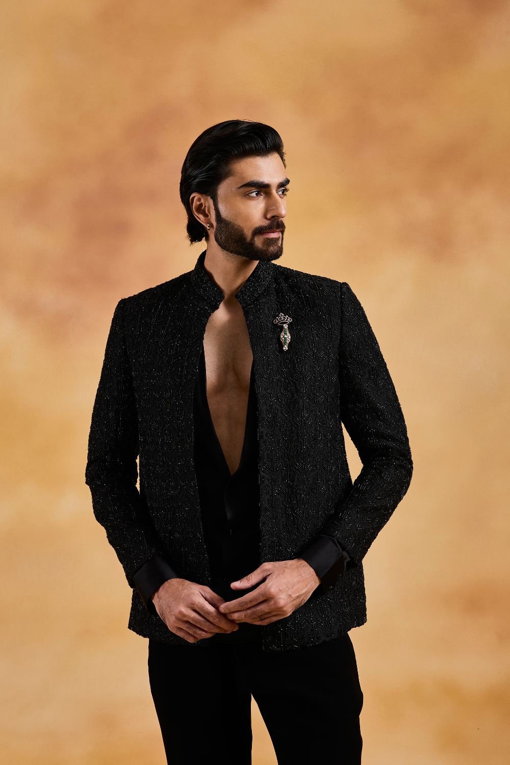 Black Open Jacket with Cowled Shirt and Pant