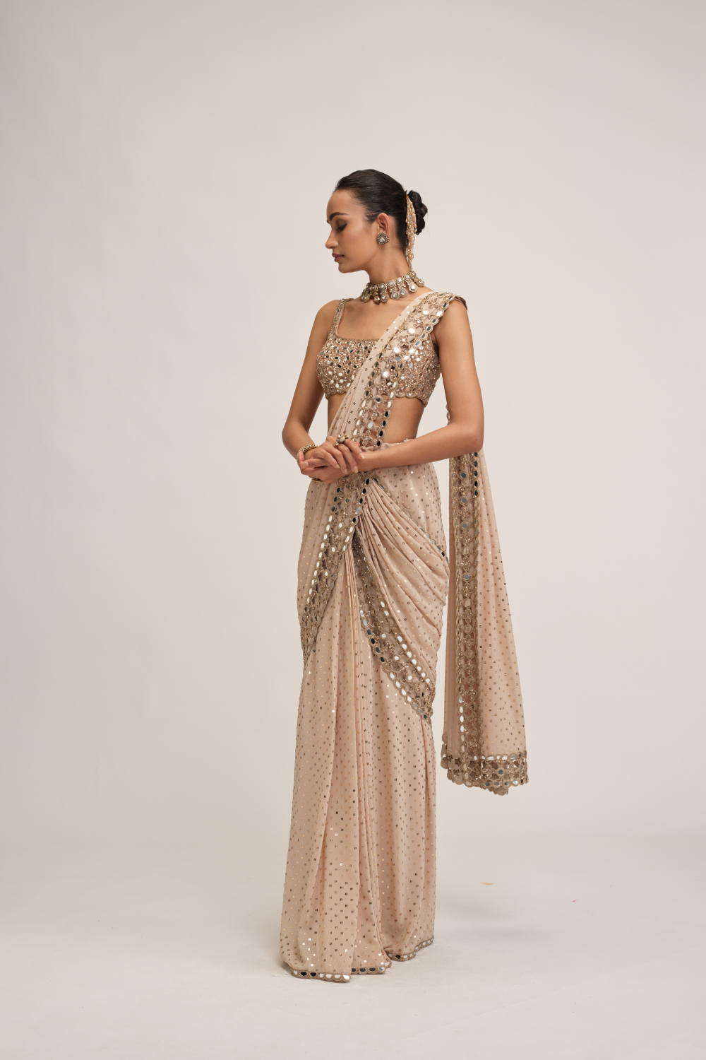 Light Beige Round Neck Cutwork Border Saree Set