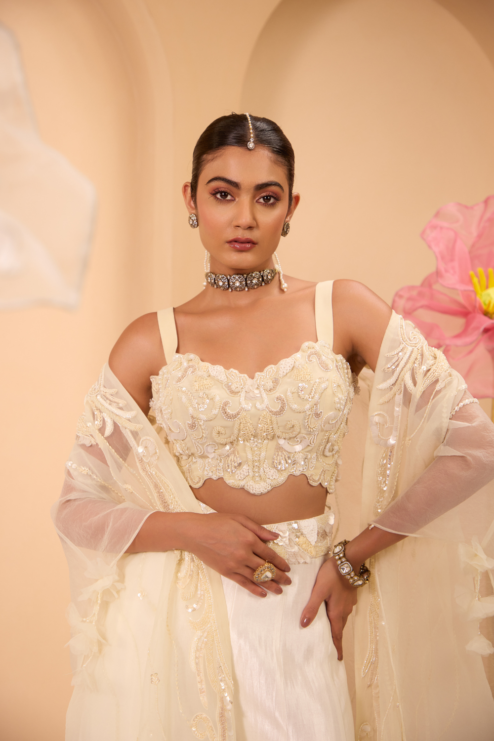 Ivory Hand Embroidered Cape With Blouse & Sharara