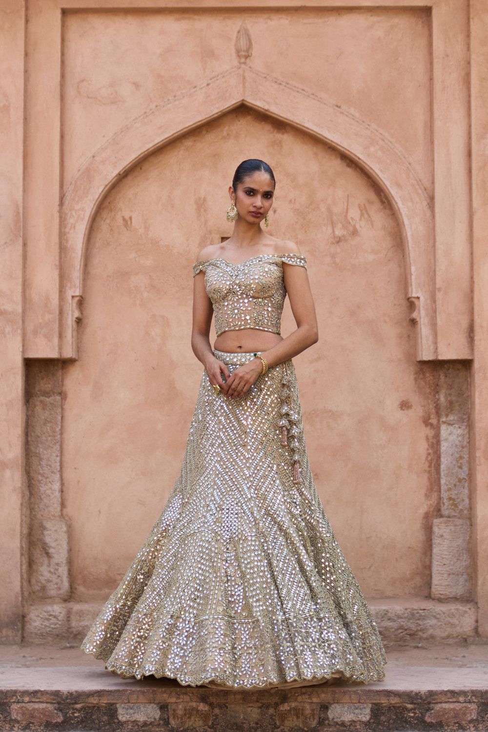 SUNEHRI — Antique Gold Net Lehenga Set