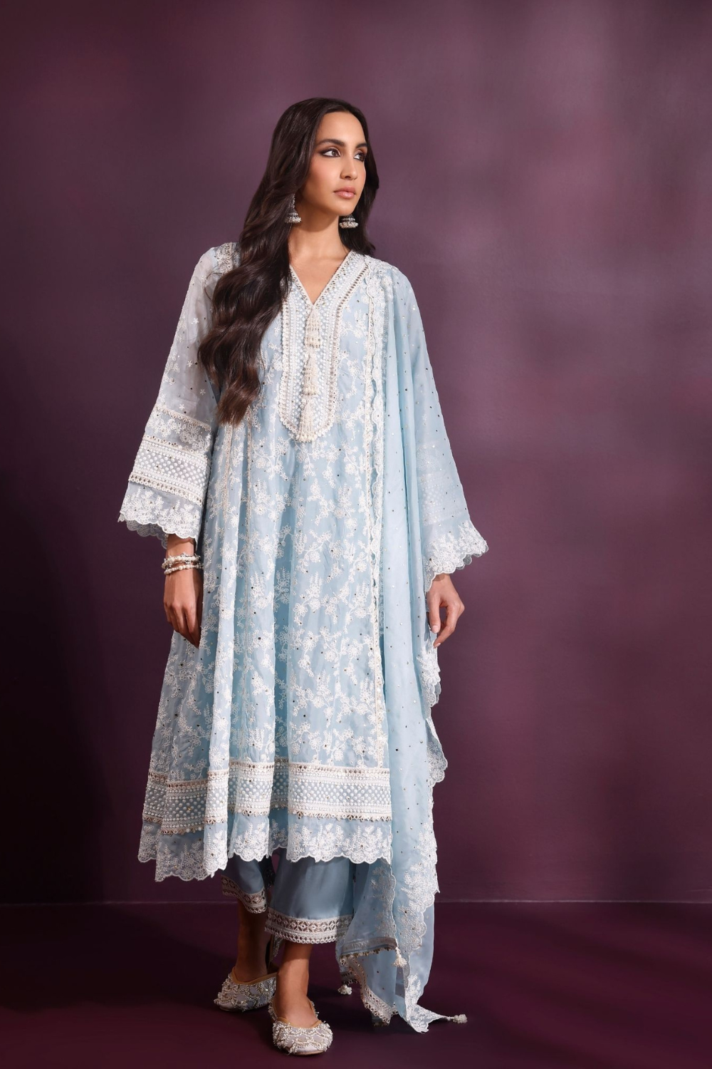 Rupa Organza Blue Anarkali Kurta with Pima Satin Blue Pant Set