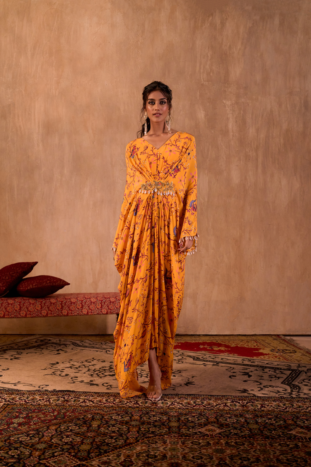 YELLOW PRINT DRAPED KAFTAN