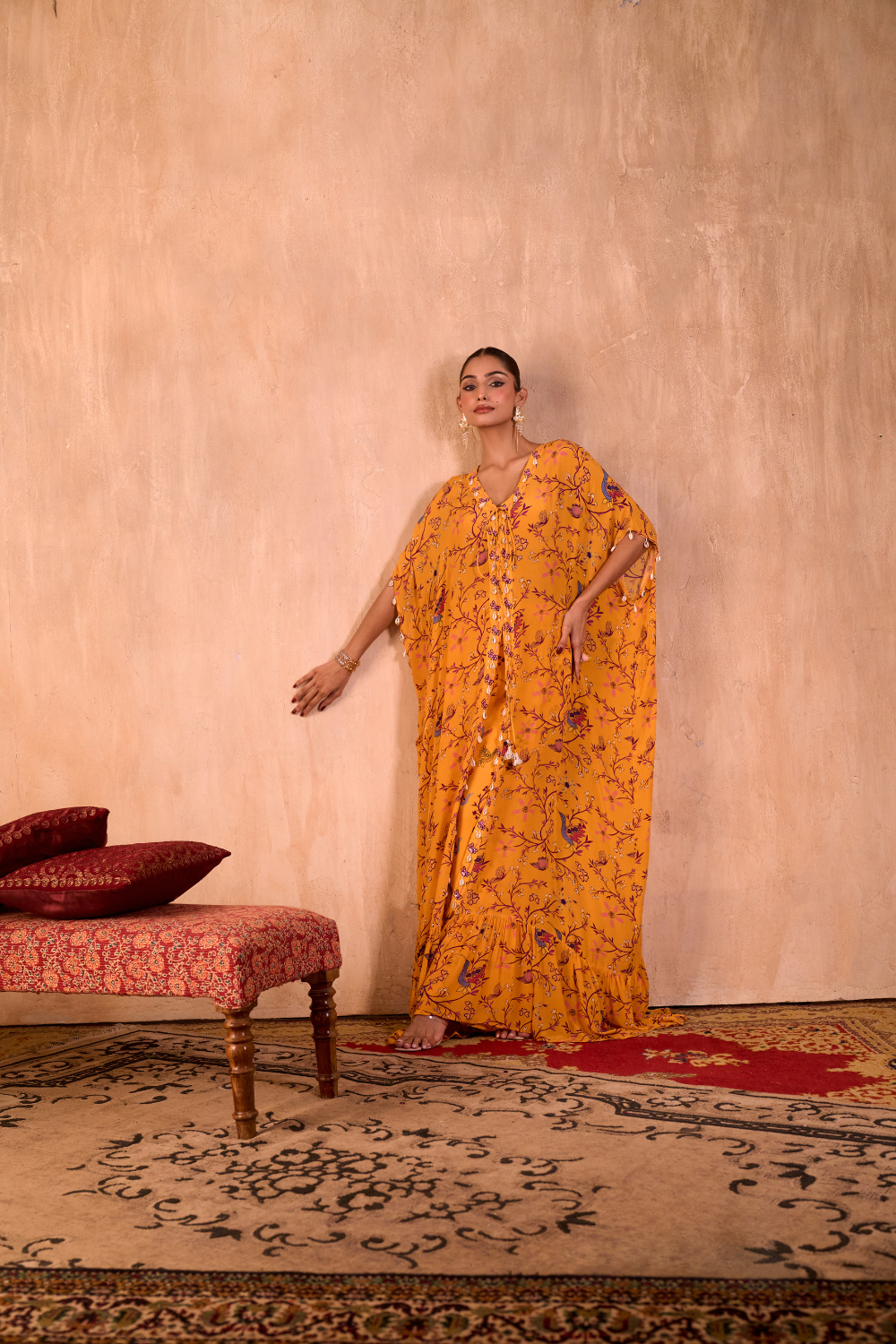 YELLOW PRINT EMBROIDERED LONG KAFTAN WITH PANTS SET