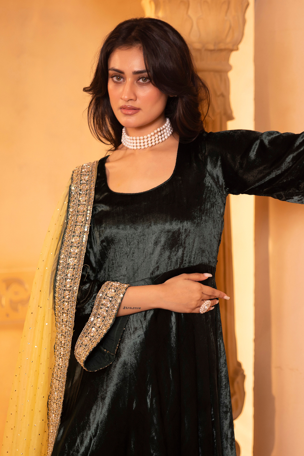 Emerald Velvet Anarkali Set