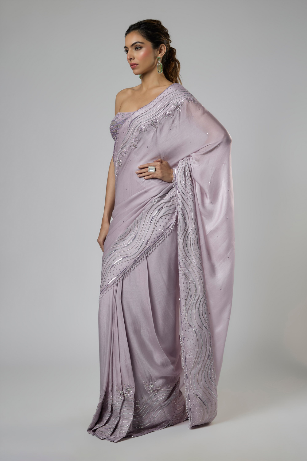 DUSTY lILAC  INTRICATE EMBROIDERED SAREE WITH CORSET BLOUSE