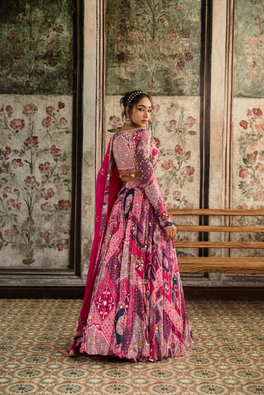 FUSCHIA PRINT AND HIGHLIGHTED ANGRAKHA BLOUSE LEHENGA SET