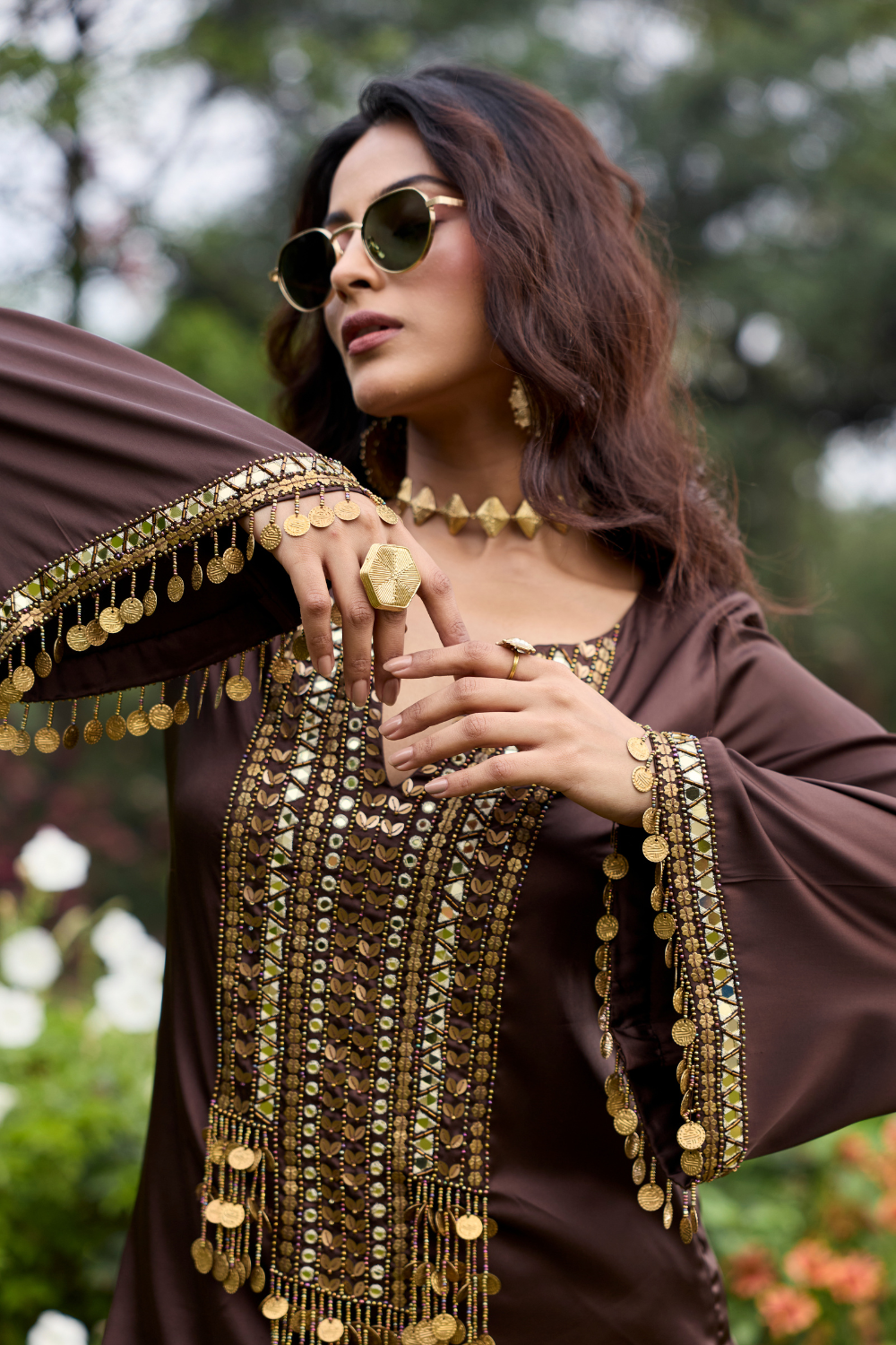 MOCHA BROWN EMBROIDERED SATIN KURTI SET