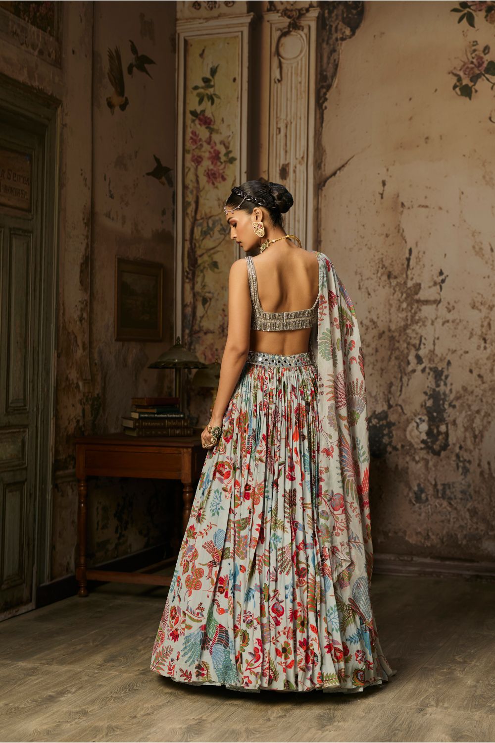 SLATE GREY EMBROIDERED BLOUSE AND PRINTED LEHENGA SET