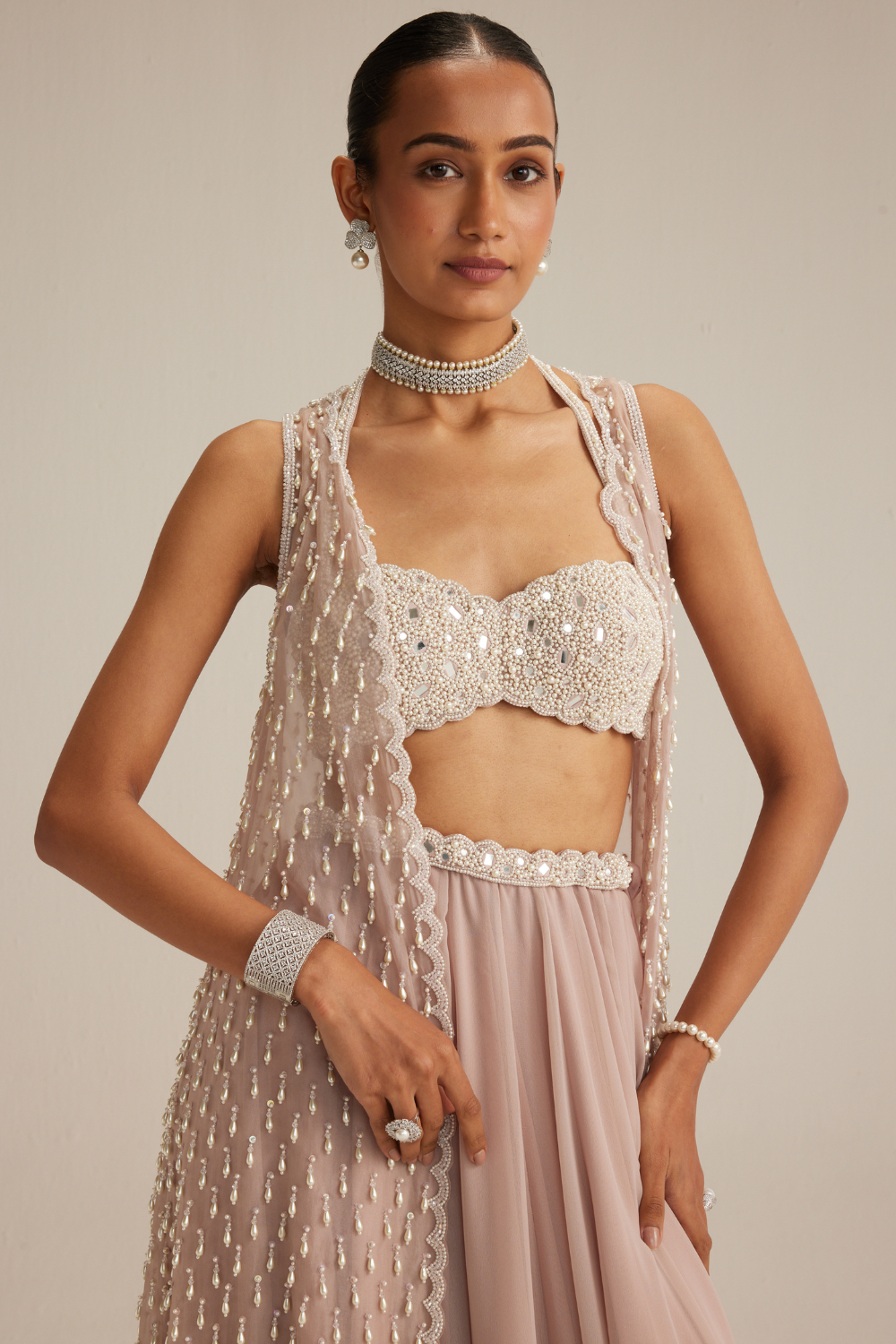 Ash Pink Pearl Drop Jacket Skirt Set