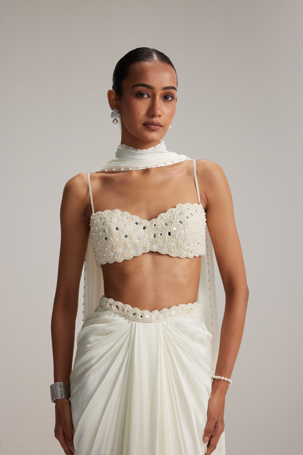 Off White Satin Draped Skirt Set
