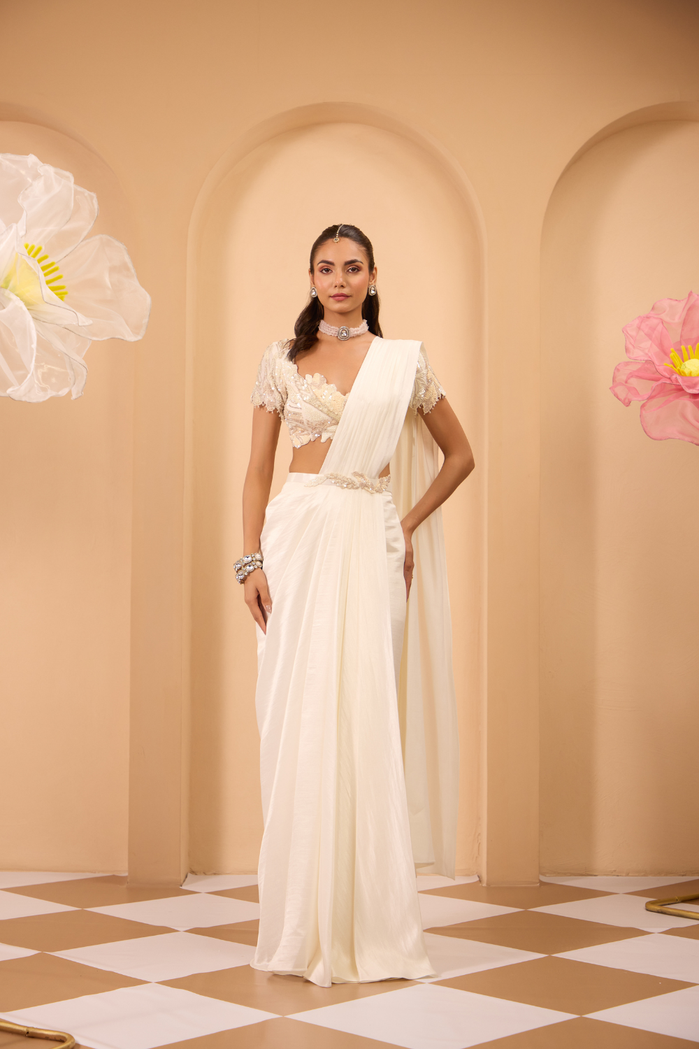 Hand Embroidered Ivory Blouse with Drape Saree