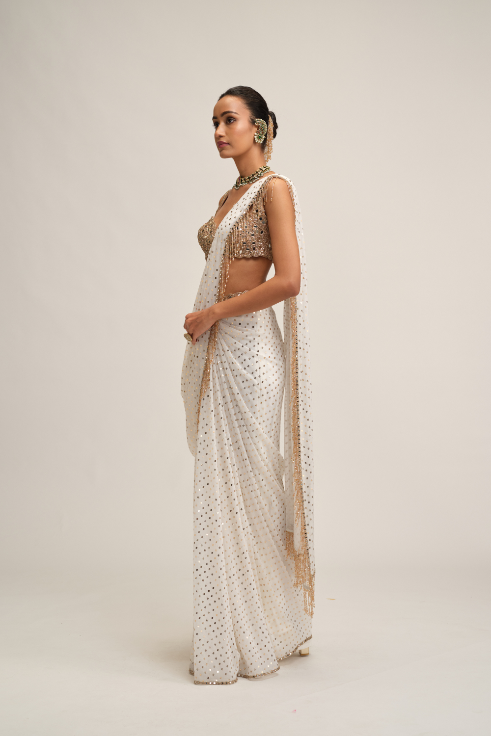 Off White Sequins Embroidered Saree Set