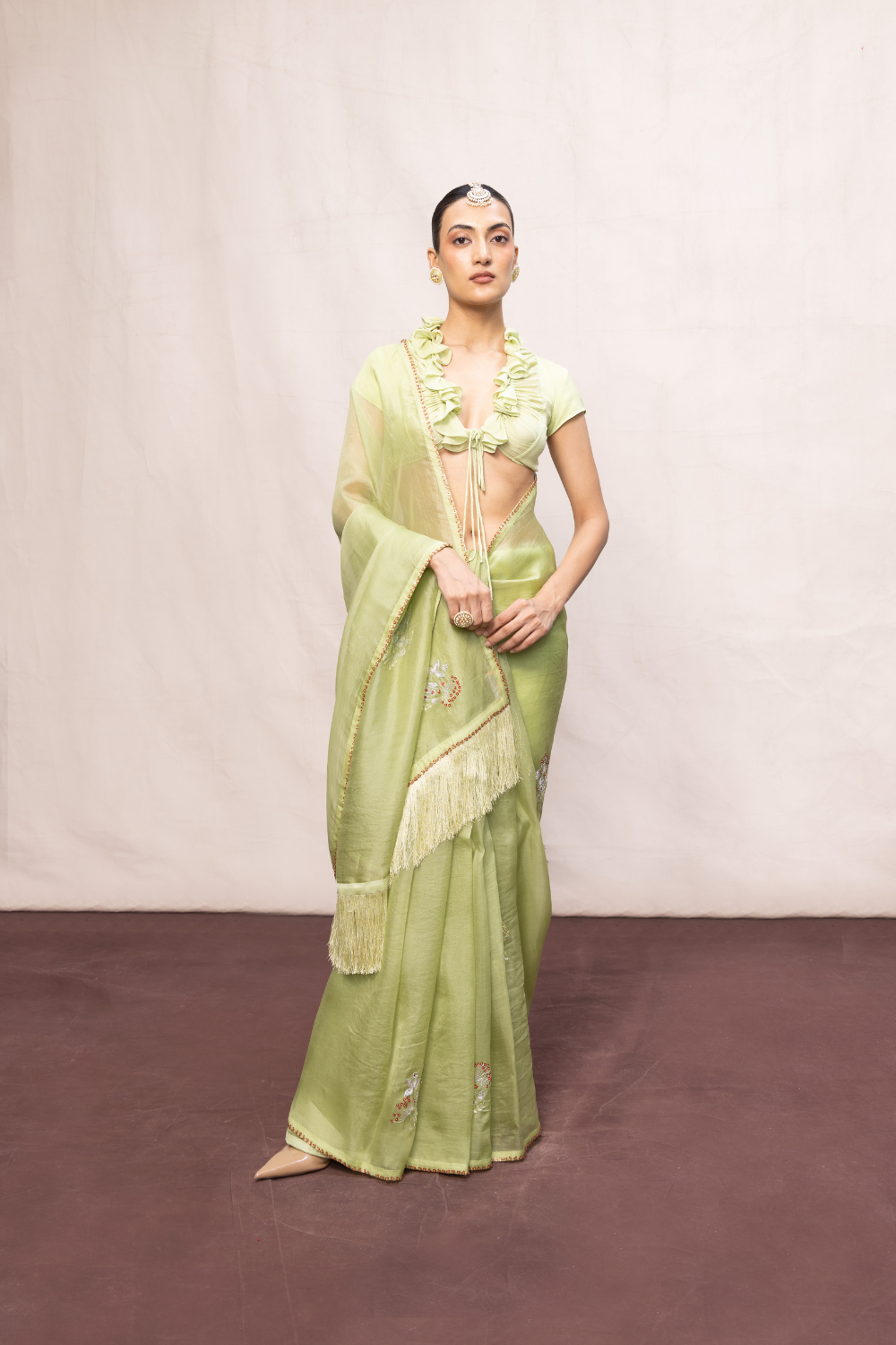 Handwoven Pistachio Green Kora Banarasi Saree