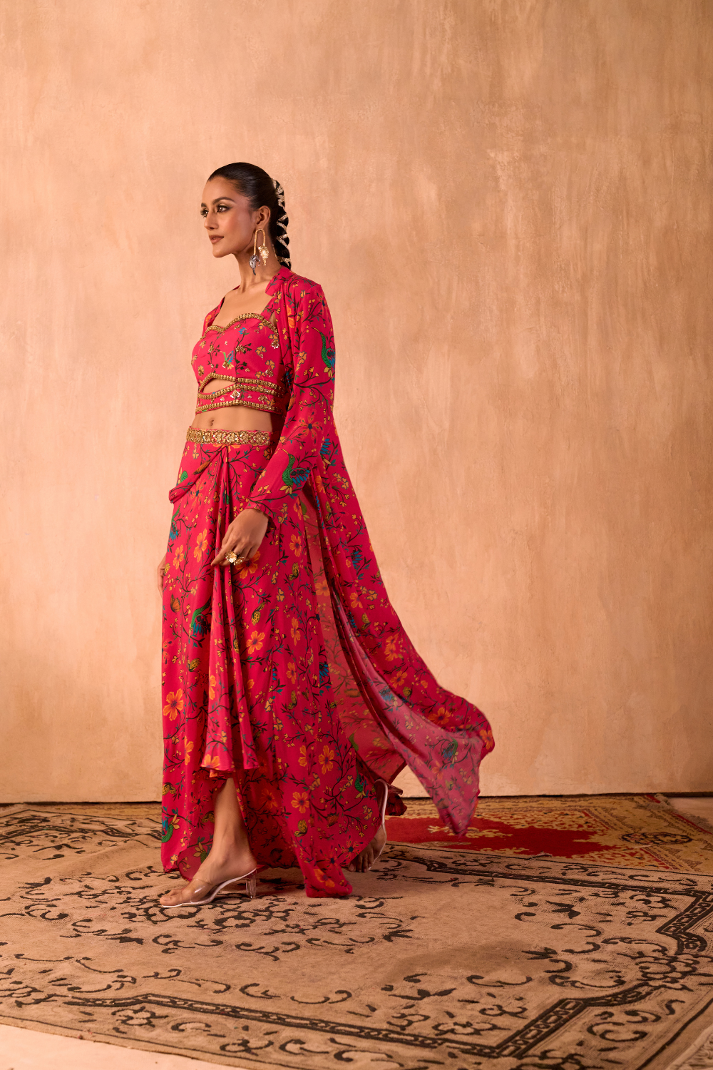 PINK PRINT EMBROIDERED CHOLI, DRAPED SKIRT AND JACKET SET