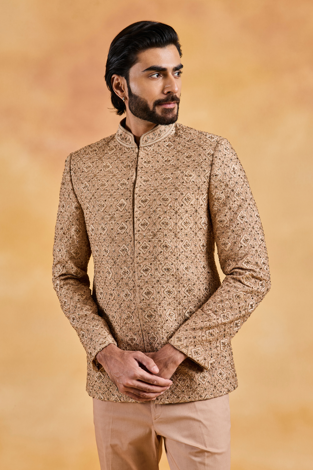Fawn Raw Silk Jodhpuri Suit Set