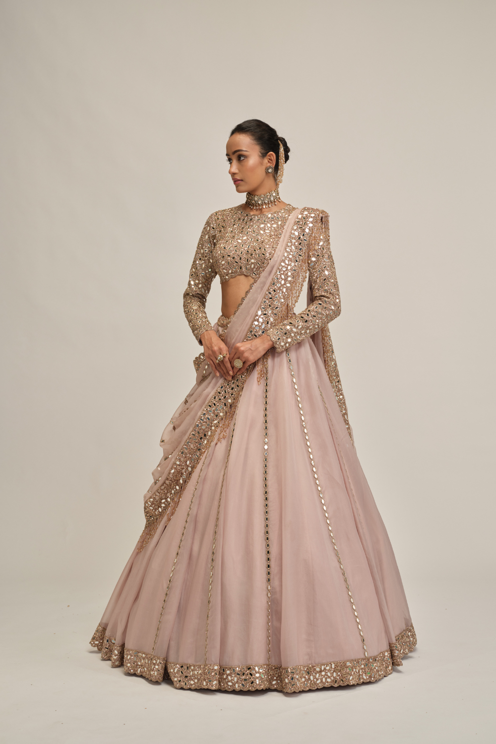 Ash Pink Full Sleeve Lehenga Set