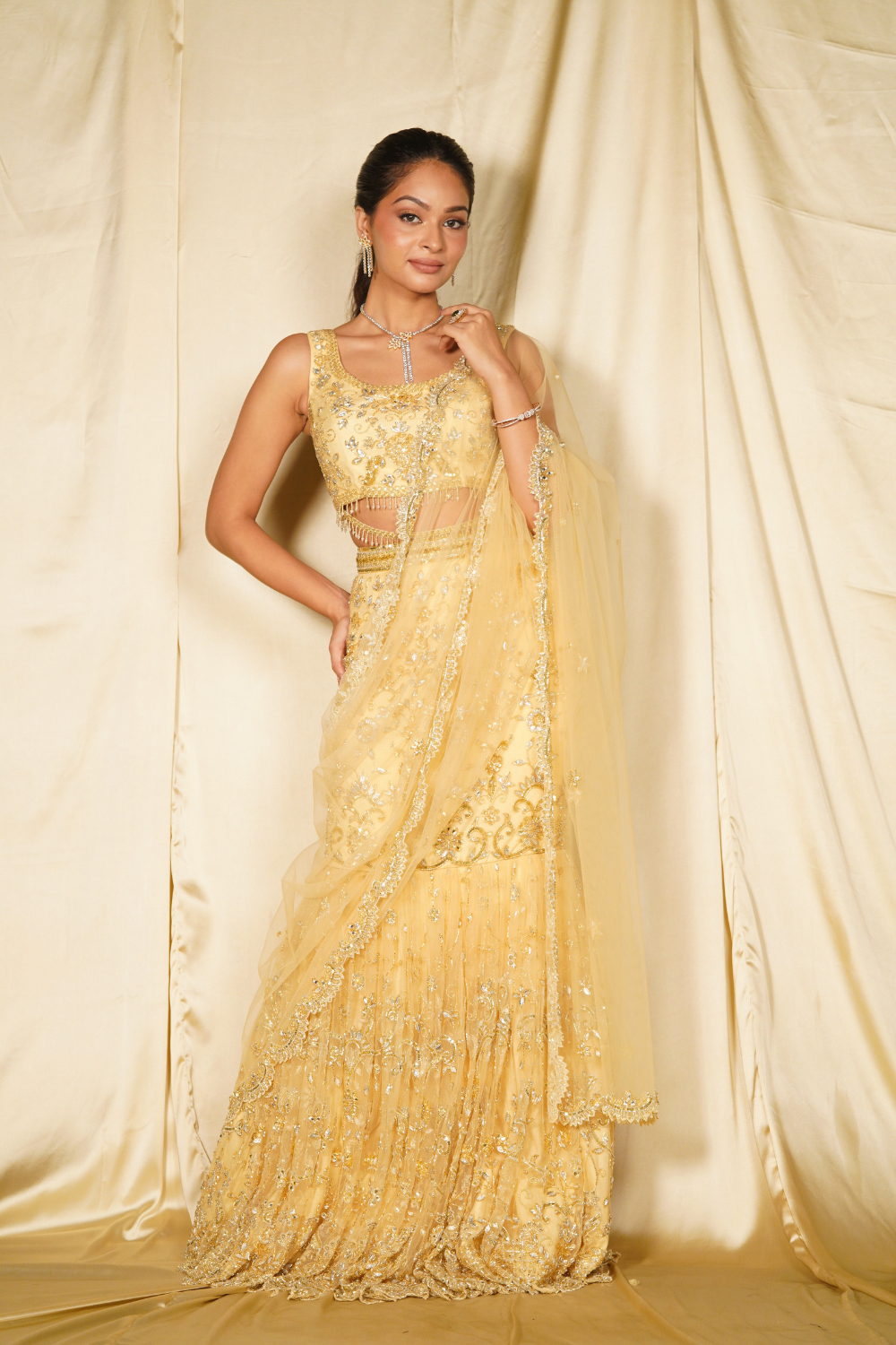 Gold embroidered fishcut saree set